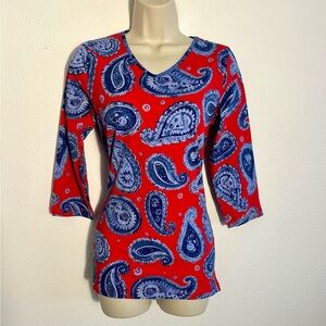 AnaClare Activewear Top 3/4 Sleeve V-Neck Tunic Red Paisley Sz S Golf Tennis